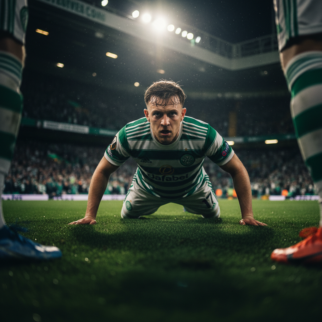 Celtic captain Callum McGregor leading the team out of the tunnel at Parkhead under the floodlights.